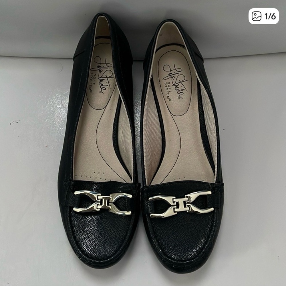 Life Stride Black Leather Loafers with Silver Chain Accent